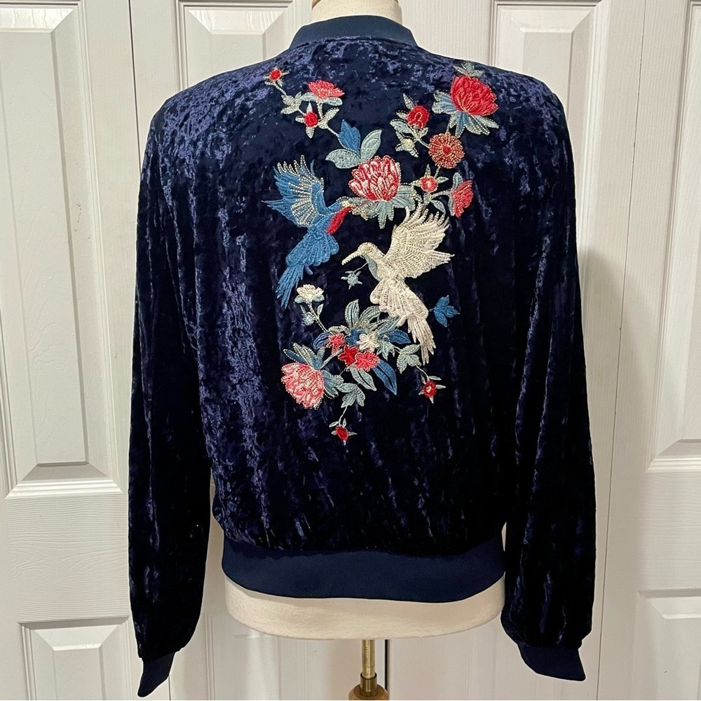 Solitaire Dark Blue Velvet Bomber Jacket Embroidered Design Size Large